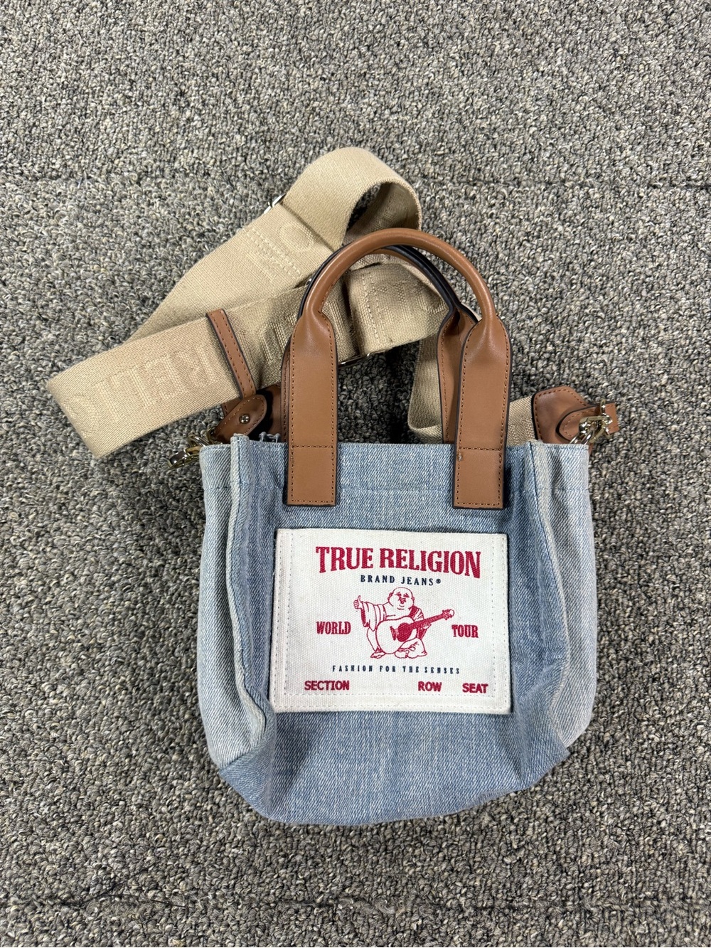 True Religion Light Blue Denim Crossbody Tote with Brown Handles